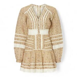 Veronica Beard Addilyn Floral Lace Trim Mini Dress Long Sleeve Beige Size 4